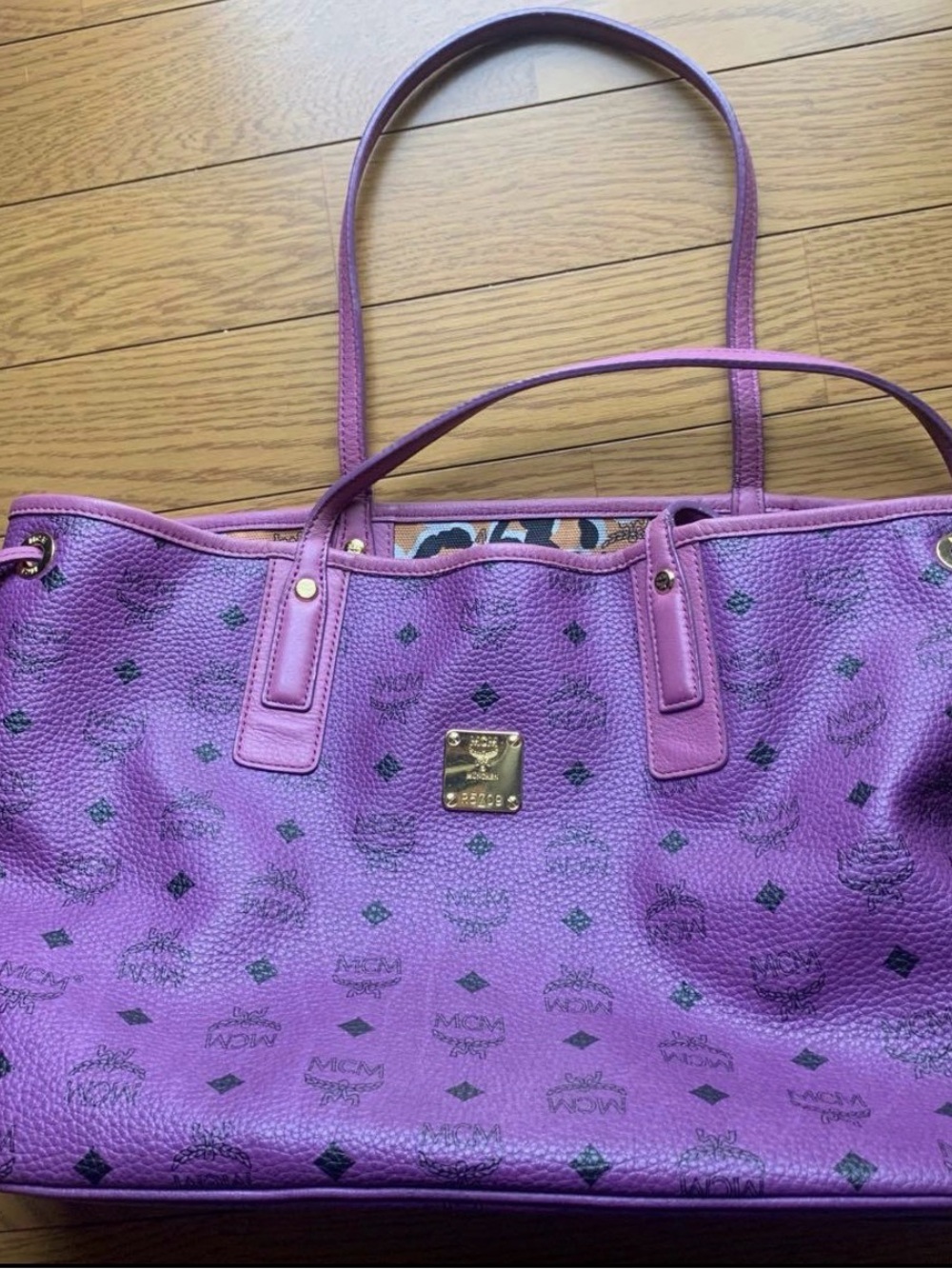 MCM Purple Logo-Print Leather Tote